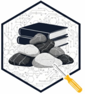 The Cognitive Robustness Research Studio logo. The design consists of a central hexagon outlining a digital circuit pattern, which frames a pile of dark and light gray stones (symbolizing resilient minds) stacked on two dark research books. A yellow-handled screwdriver is angled across the front.